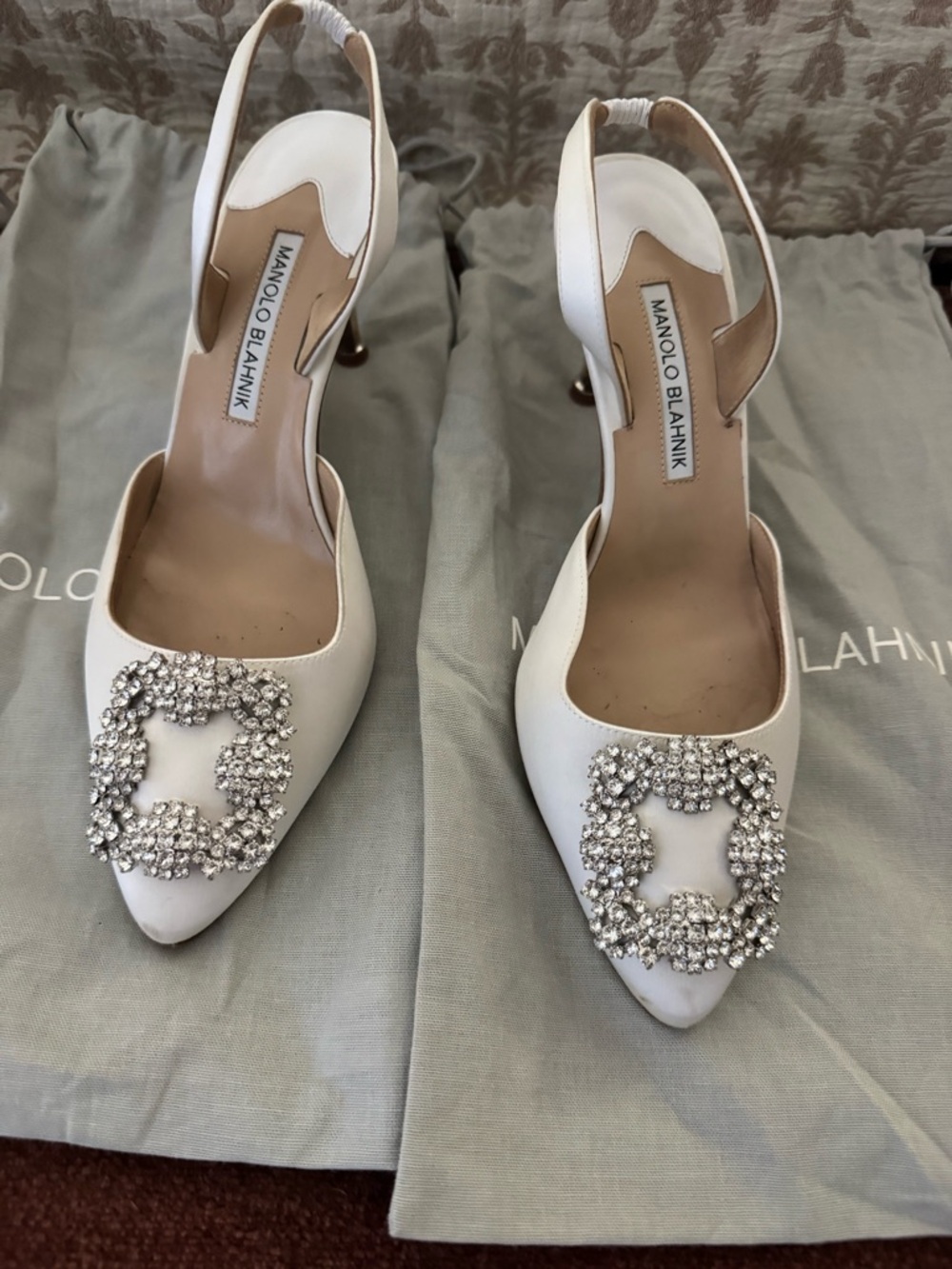 Manolo Blahnik White Satin Crystal-Embellished Slingback Pumps - Picture 1 of 13